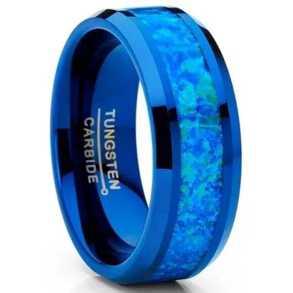 Tungsten Steel Carbide Ring with Center Blue Fire Opal Inlay statement piece - Picture 5 of 7